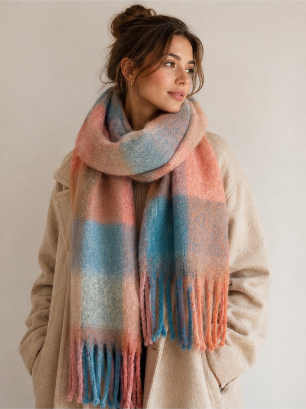 Reversible Mohair Plaid Scarf, Orange Blue Tassel winter shawl